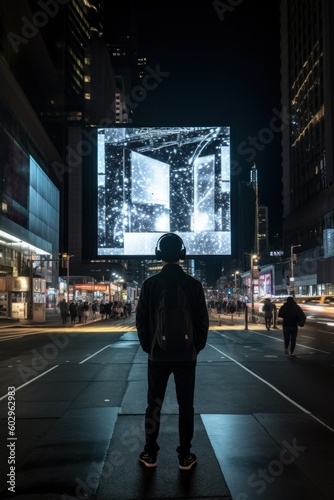 Stunning photography capturing a person wearing headphones in a dreary urban environment, illuminated by the night lights, standing in front of a massive screen display. Generative A.I. technology.