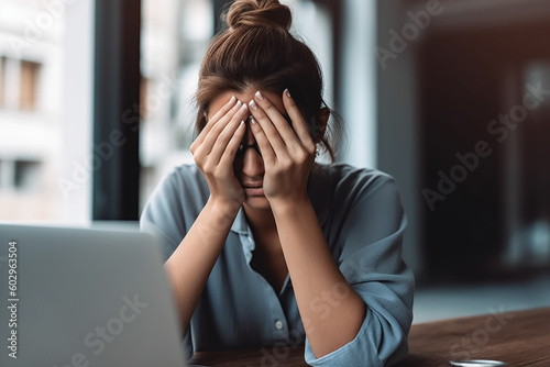 Woman with symptoms of depression, stress, burnout or exhaustion - Theme Depressed, Fatique Syndrome, Sick - Generative AI