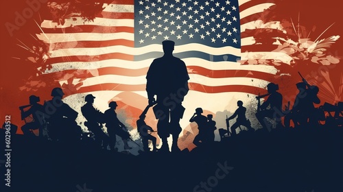 Soldier and USA flag on sunrise background .Concept National holidays , Flag Day, Veterans Day, Memorial Day, Independence Day, Patriot Day. Generative Ai.