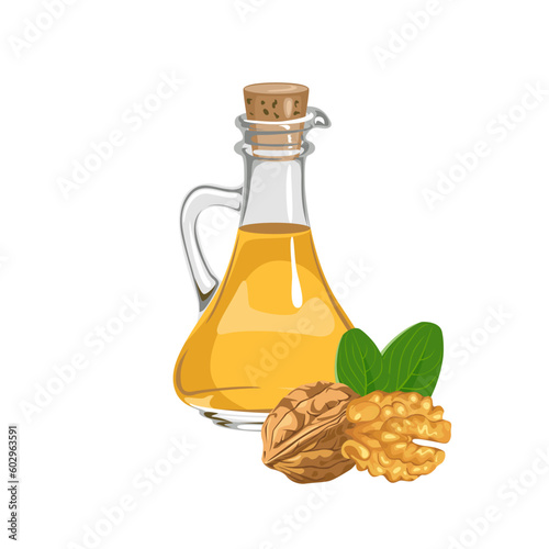 Walnut oil in glass bottle isolated on white. Vector cartoon food illustration. 