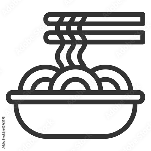 Noodles in a bowl and two sticks - icon, illustration on white background, outline style