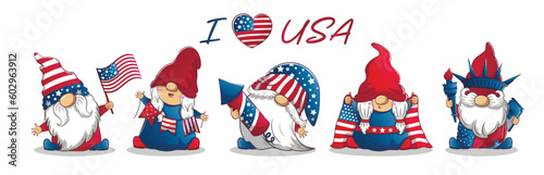 Long banner for July 4th Independence Day with cute patriotic gnomes