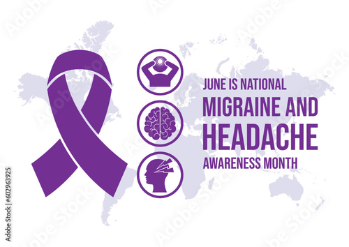 June is National Migraine and Headache Awareness Month vector illustration. Purple awareness ribbon, headache, brain icon set vector isolated on a white background. Important day