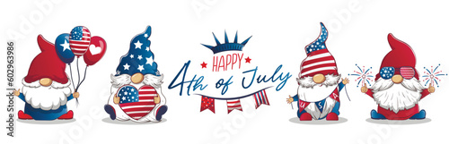 Long banner for July 4th independence day with cute patriotic leprechauns.