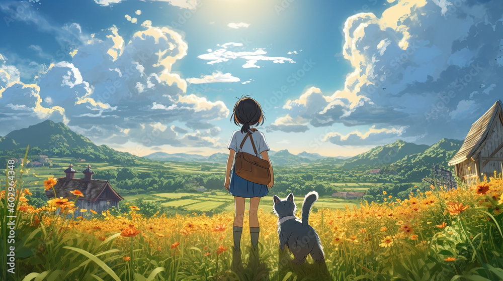 Fototapeta premium Girl with pet in anime style