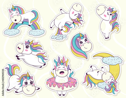 Bundle of stickers with funny kawaii unicorns in anime style for kids product design