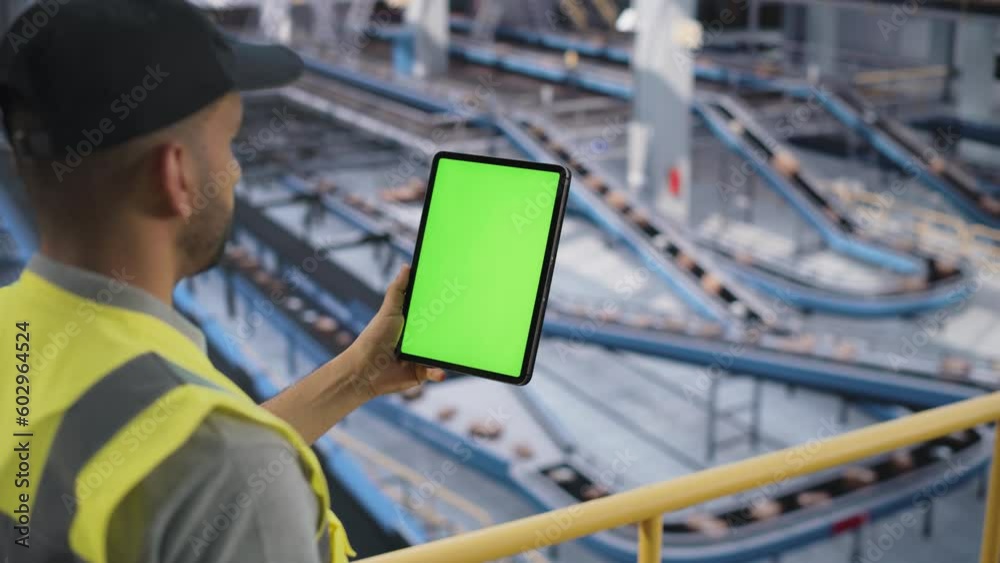 Male Employee Working at a Modern Logistics Center for an International Online Shopping Business. Multiethnic Man Using a Tablet Computer with a Green Screen Mock Up Display