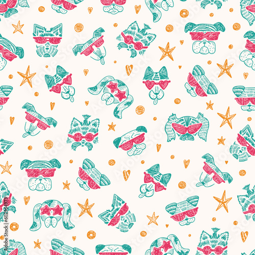 Hand Drawn Doodle Cute Stylish Trendy Hipster Dogs with Sunglasses Vector Seamless pattern