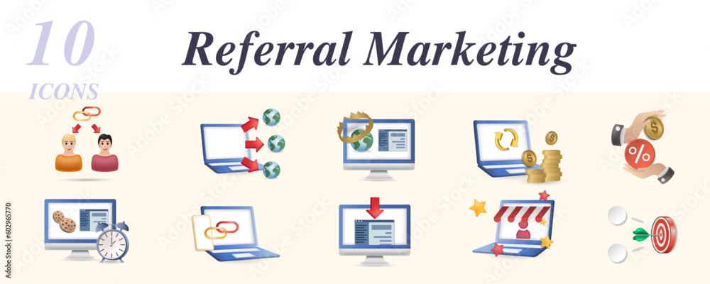 Referral marketing icons set. Creative elements: affiliate link, attribution, authority site, chargeback, commission, cookies lifetime, deep linking, landing page, merchant, niche.