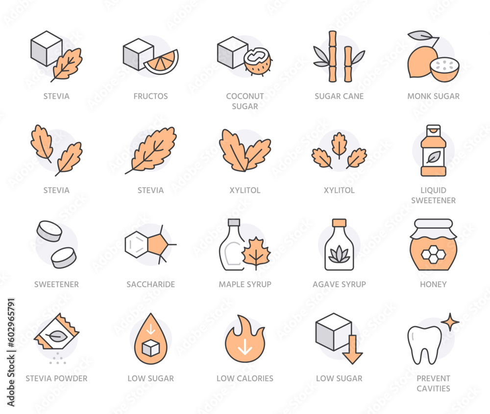 Sweeteners line icon set. Xylitol, cane sugar, fructose, maple syrup, stevia, agave, honey minimal vector illustration. Simple outline sign for sweet ingredients. Orange color. Editable Stroke