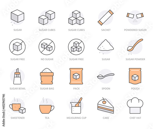 Sugar line icon set. Sweetener, powder, glucose, pouch, sachet, soluble, pack, coffee minimal vector illustration. Simple outline sign for sweet ingredients. Orange color. Editable Stroke