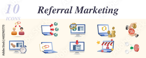 Referral marketing icons set. Creative elements: affiliate link, attribution, authority site, chargeback, commission, cookies lifetime, deep linking, landing page, merchant, niche.