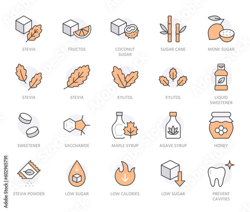Sweeteners line icon set. Xylitol, cane sugar, fructose, maple syrup, stevia, agave, honey minimal vector illustration. Simple outline sign for sweet ingredients. Orange color. Editable Stroke