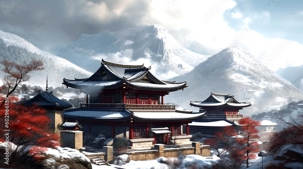 Beautiful houses and temples in Korean style. The scenery of Korea during the winter. AI Generative
