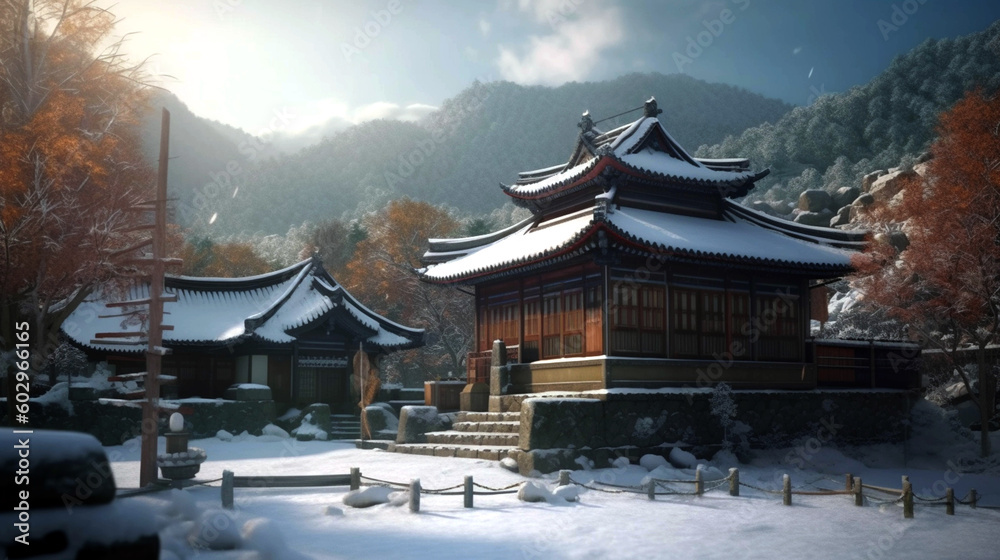 Beautiful houses and temples in Korean style. The scenery of Korea during the winter. AI Generative