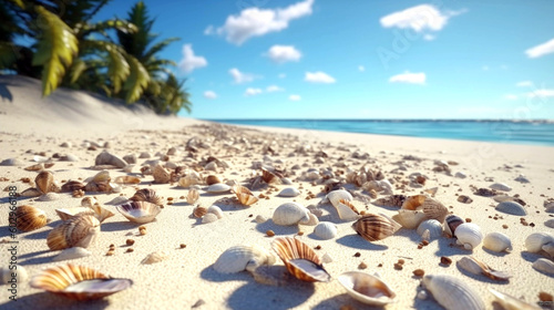 Summer concept with sandy beach, shells and starfish. Shells on sandy beach. AI Generative
