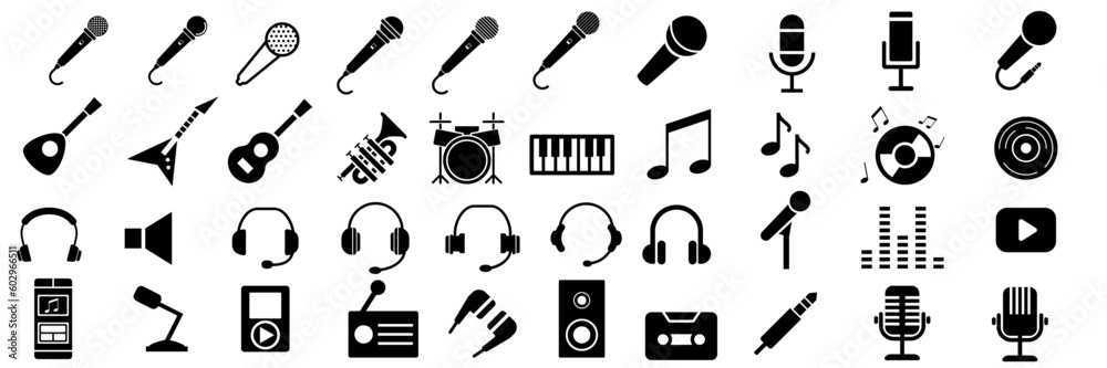 Vector icon illustration collection about simple music and musical instruments - obrazy, fototapety, plakaty 