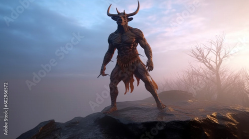 The Minotaur, half man half bull, stands on a rock in an aggressive stance. AI Generative