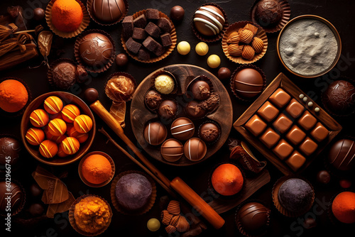 A table full of chocolate products such as cakes, cupcakes, chocolate bars, chocolate fountain and others. Dark food photography. Created with generative AI technology