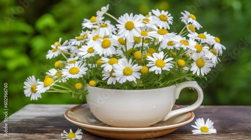 Spring - Chamomile Flowers In Teacup On Wooden Table In Garden, daisies in a cup, chamomile flowers in a cup, flowers in a cup, cup of tea with flowers, cup of tea with flowers, Generative AI