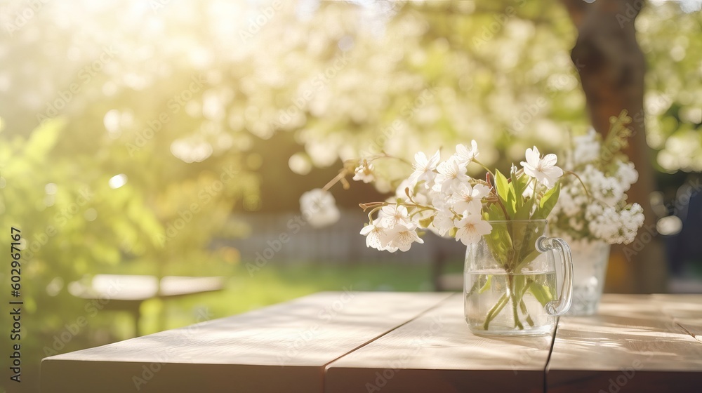 Spring close-up Table With Trees In Blooming And Defocused Sunny Garden In Background, table in the garden, table in garden, Generative AI