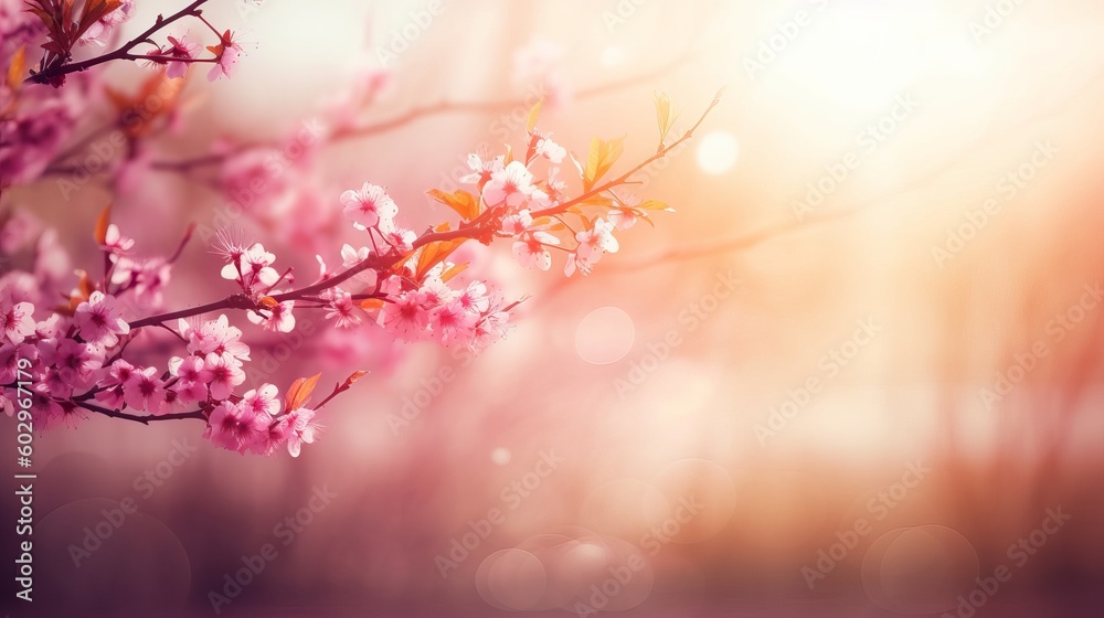 Spring border or background art with pink blossom. Beautiful nature scene with blooming tree and sun flare, blossom in spring, pink cherry blossoms, Generative AI Spring border or background art with pink blossom. Beautiful nature scene with blooming tree and sun flare, blossom in spring, pink cherry blossoms, Generative AI
