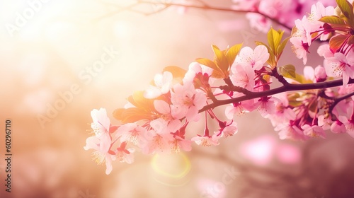 Spring border or background art with pink blossom. Beautiful nature scene with blooming tree and sun flare  blossom in spring  pink cherry blossoms  background with flowers  Generative AI