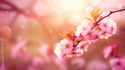 Spring border or background art with pink blossom. Beautiful nature scene with blooming tree and sun flare  blossom in spring  pink cherry blossoms  Generative AI