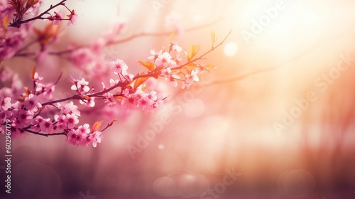 Spring border or background art with pink blossom. Beautiful nature scene with blooming tree and sun flare, blossom in spring, pink cherry blossoms, Generative AI © Ameer
