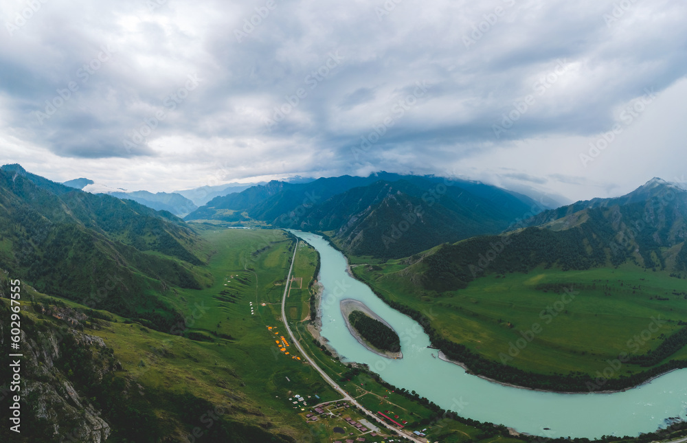 Panorama Altai mountains summer Russia, aerial top view. Blue Katun river with fog mood