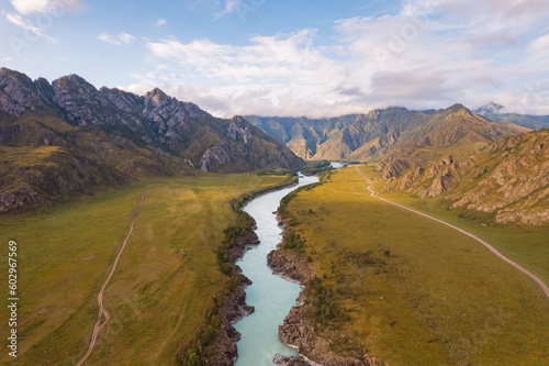 Landscape suspension Katun river in valley of Altai Mountains, aerial top view. Popular landmark in Chemal Siberia, Russia