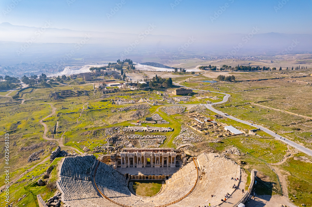 Summer day Pamukkale Ancient amphitheater Turkey, drone aerial top view - obrazy, fototapety, plakaty 