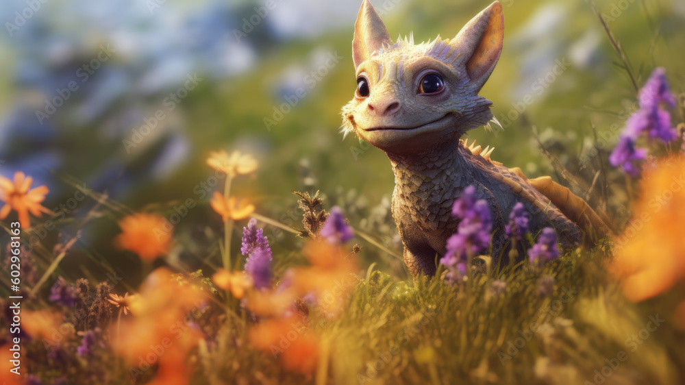 A cute little dragon in a flower meadow.  Generative AI.