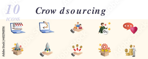 Crowdsourcing set. Creative icons: marketplace, crowdfunding, social participation, creator, feedback, pre-release, launch, fundraising, rewards, backer.
