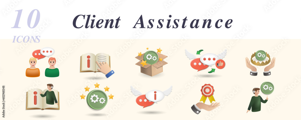 Client assistance set. Creative icons: discussing, manual, solution, feedback, premium service, help desk, ratings, chat help, loyalty, technical support. Client assistance set. Creative icons: discussing, manual, solution, feedback, premium service, help desk, ratings, chat help, loyalty, technical support.