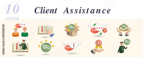 Client assistance set. Creative icons: discussing, manual, solution, feedback, premium service, help desk, ratings, chat help, loyalty, technical support.