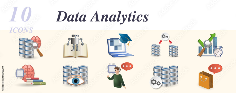 Data analytics set. Creative icons: data mining, machine learning, computer science, data integration, predictive modeling, deep learning, data visualization, ai customer service, optimization