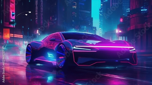 Shiny futuristic sports car on a blurred cyberpunk city street background with bright neon lights. Bokeh effect. Future concept. Generative AI