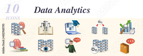 Data analytics set. Creative icons: data mining, machine learning, computer science, data integration, predictive modeling, deep learning, data visualization, ai customer service, optimization