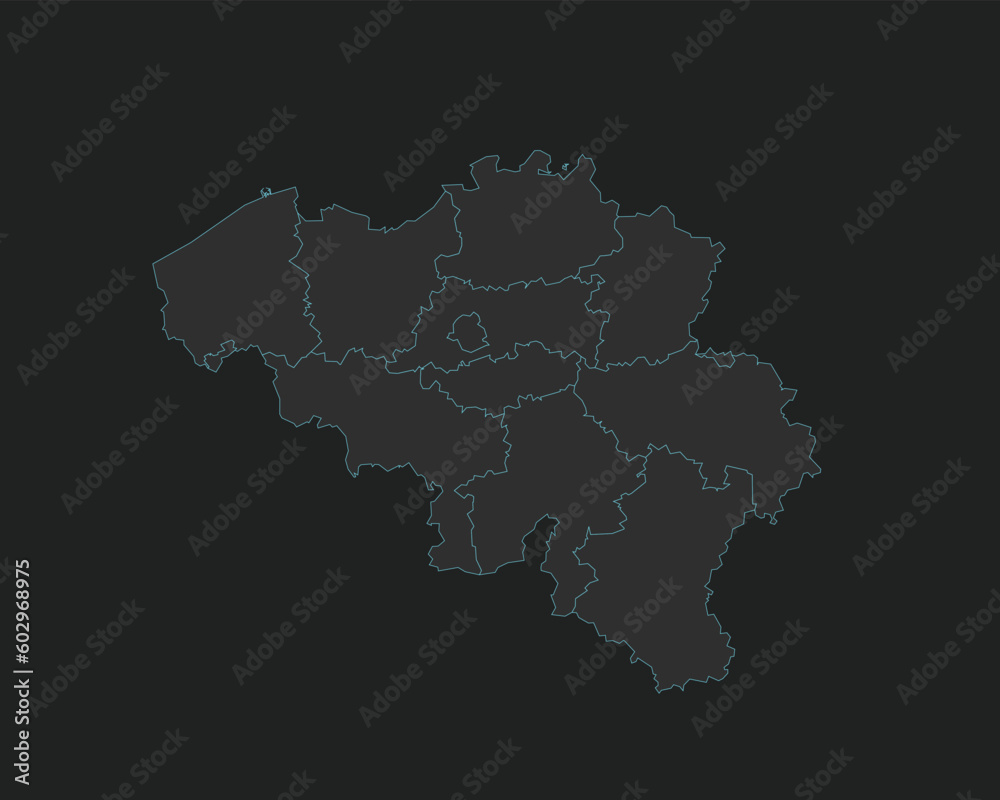 High quality vector Map of Belgium. Editable illustration in detail with borders of the regions. Isolated on dark grey background with light blue color.