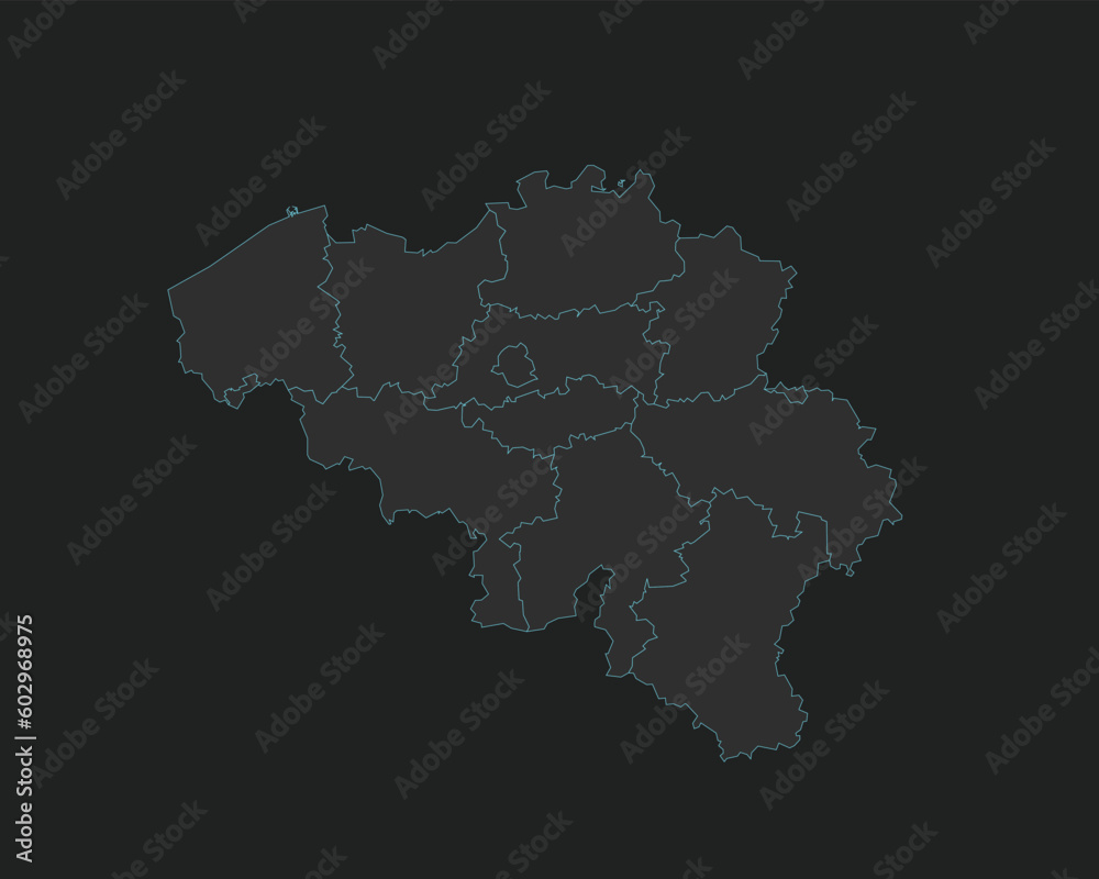 Obraz premium High quality vector Map of Belgium. Editable illustration in detail with borders of the regions. Isolated on dark grey background with light blue color.