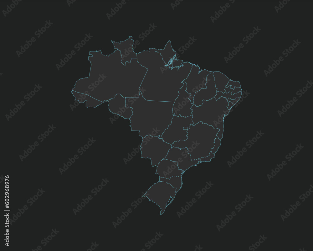 High quality vector Map of Brazil. Editable illustration in detail with borders of the regions. Isolated on dark grey background with light blue color.