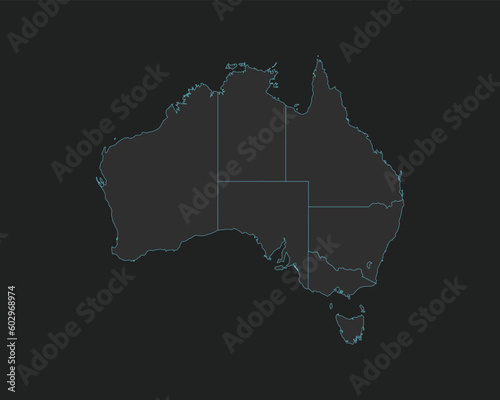 High quality vector Map of Australia. Editable illustration in detail with borders of the regions. Isolated on dark grey background with light blue color.