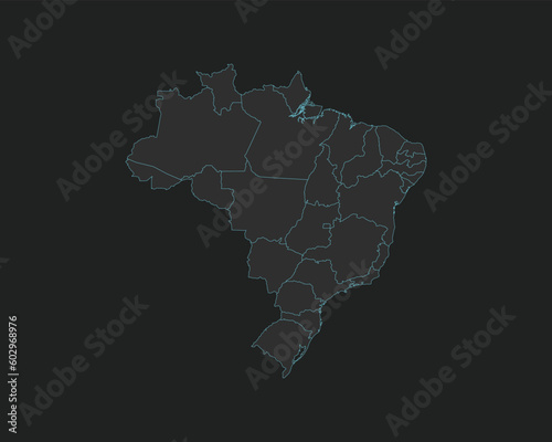 High quality vector Map of Brazil. Editable illustration in detail with borders of the regions. Isolated on dark grey background with light blue color.