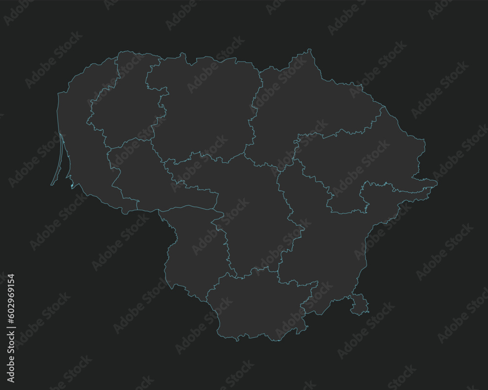 High quality vector Map of Lithuania. Editable illustration in detail with borders of the regions. Isolated on dark grey background with light blue color.