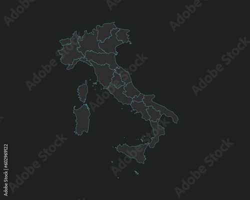 High quality vector Map of Italy. Editable illustration in detail with borders of the regions. Isolated on dark grey background with light blue color.