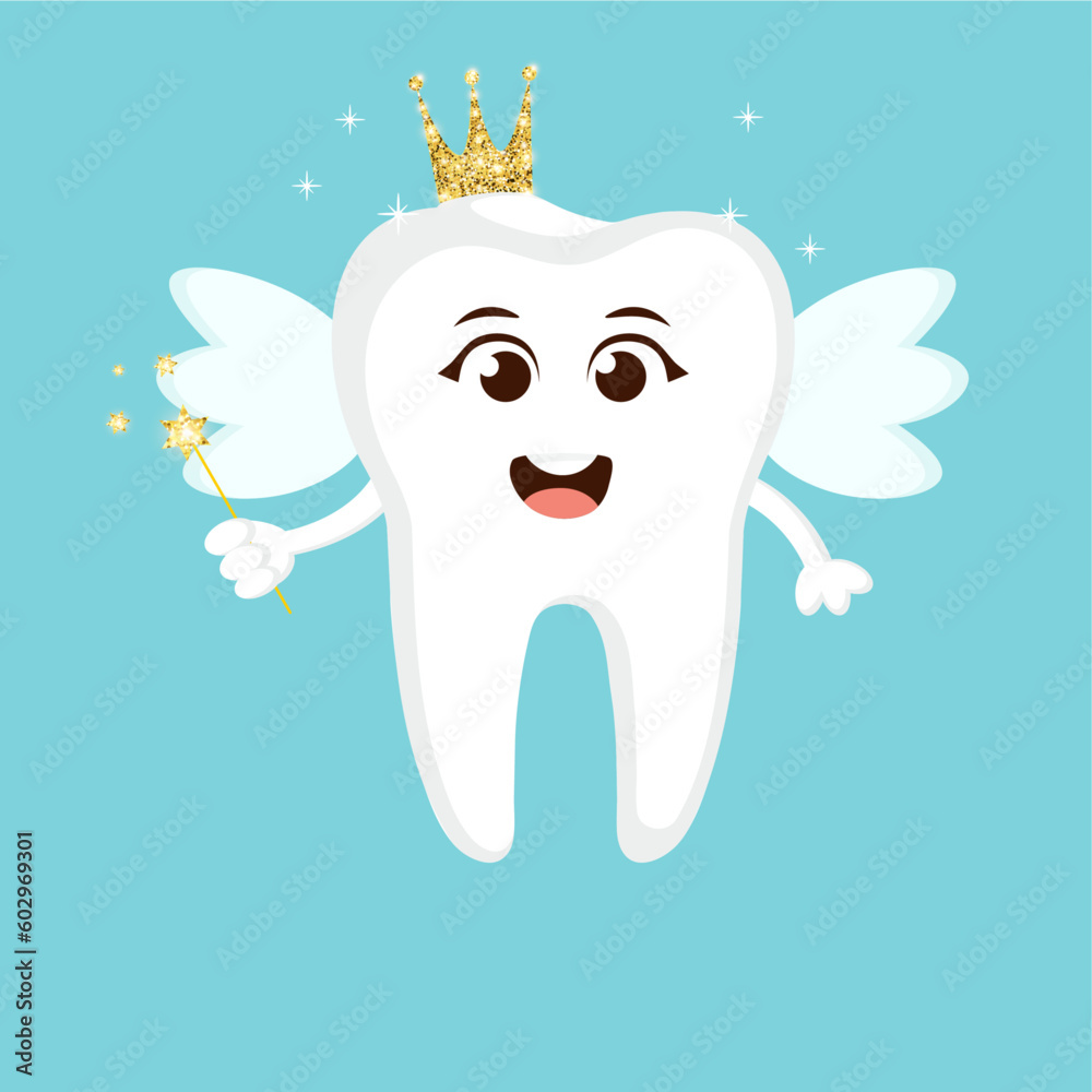 Cute cartoon tooth fairy with crown and magic wand. Cute cartoon tooth fairy with crown and magic wand.