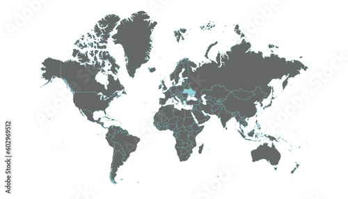 High quality flat vector World Map with Ukraine marked. Editable illustration in detail with national borders of the countries. Isolated on white background with light blue color.