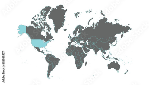 High quality flat vector World Map with US marked. Editable illustration in detail with national borders of the countries. Isolated on white background with light blue color.