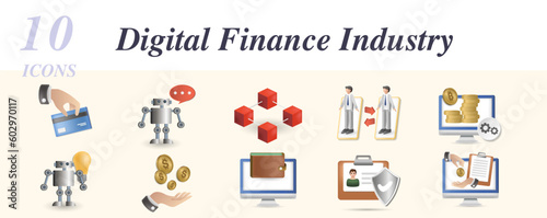 Digital finance industry set. Creative icons: direct payment, robo advisor, blockchain technology, peer-to-peer, bitcoin technology, fintech innovation, basic income, digital wallet, personal data